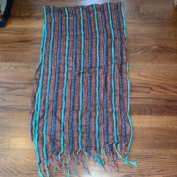 Boho multi colored metallic thread stripe large scarf or wrap with fringe - Picture 5 of 6